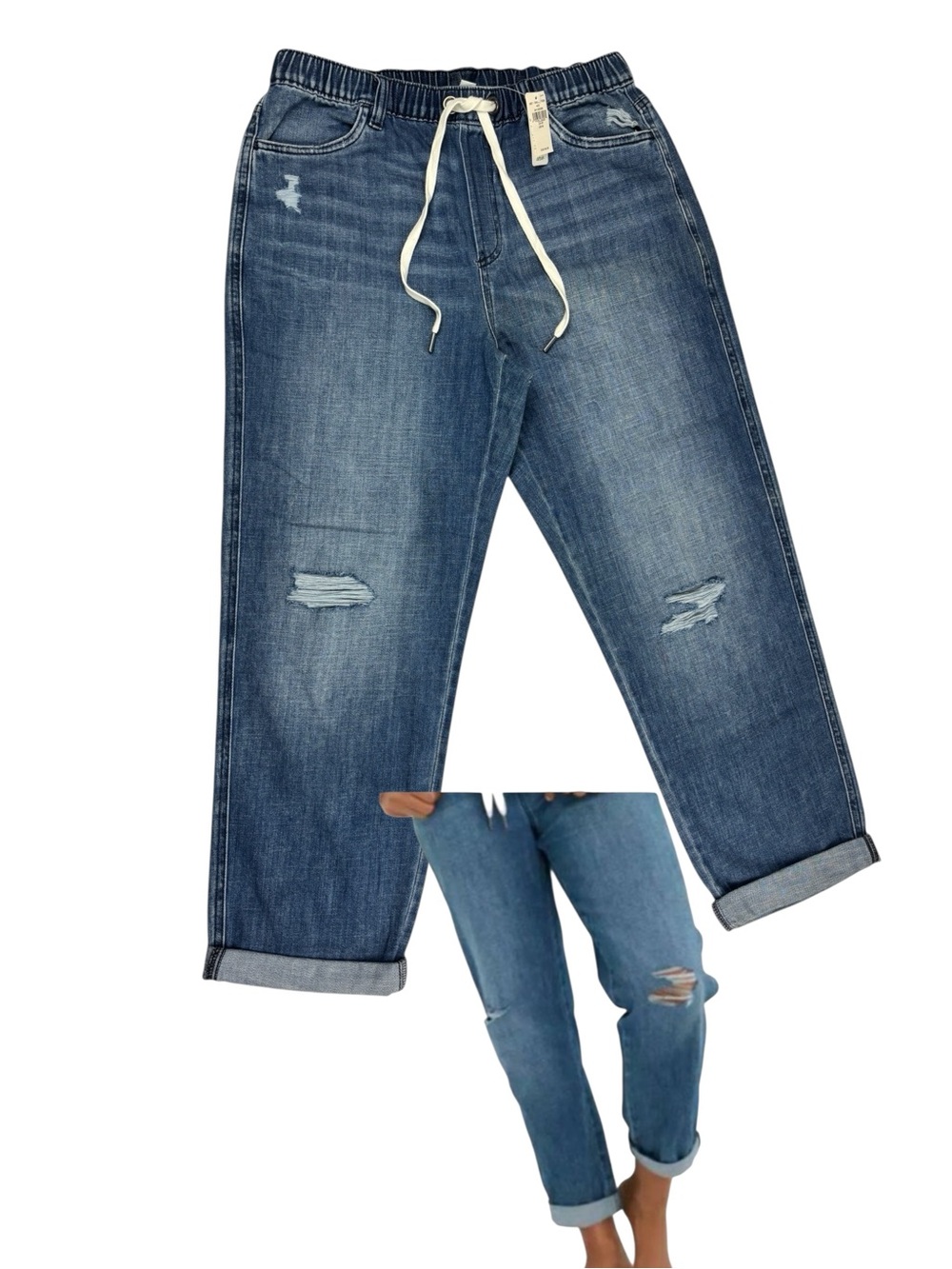 aerie Womens Distressed Elastic Waist Drawstring Pull On Denim Jeans Size M NWT